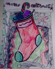 An image drawn by a child with a stocking hanging above a fireplace.